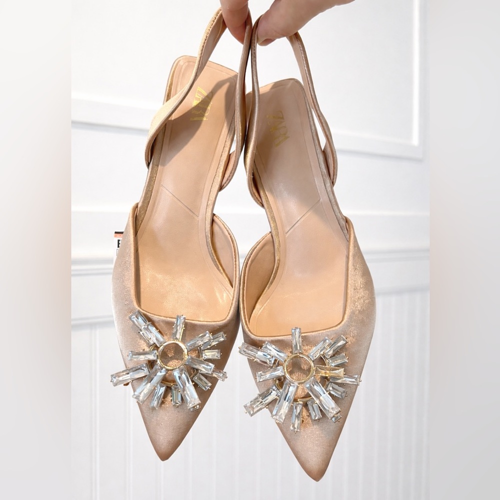 Zara Nude Crystal-Embellished Pointed Slingback 3” Heels